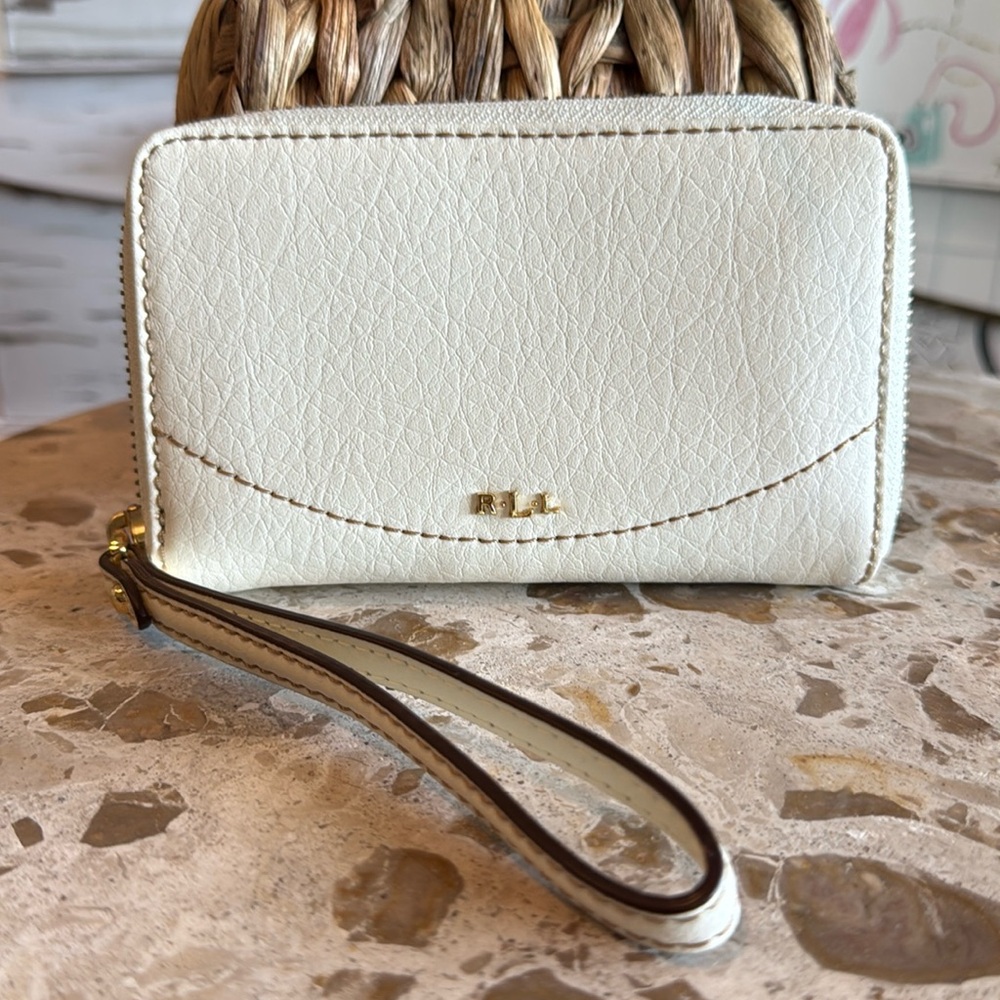 Classic Ralph Lauren, full zip wallets in ivory textured leather w/tan stitching